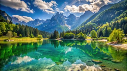 Fototapeta premium Breathtaking Jasna Lake, nestled in Triglav National Park, Kranjska Gora, showcases the Slovenian Alps' majestic summer scenery.