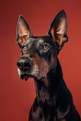 Obraz premium Doberman Pinscher dog on minimalistic colorful background with Copy Space. Perfect for banners, veterinary ads, pet food promotions, and minimalist designs.