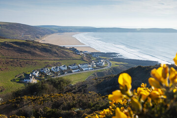 Aerial view overlooking the Coastal town of Woolacombe and Woolacombe beach with yellow gorse in...