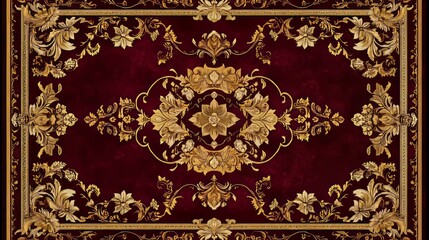 Royal palace rug pattern in burgundy and gold, elaborate filigree and floral borders, opulent and majestic, ultra-detailed, 8k