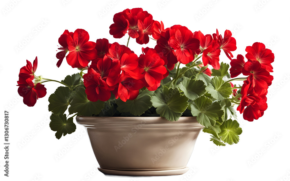 Poster a pot of bright red geraniums with full blossoms, isolated on a empty plain background