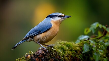 Obraz premium small nuthatch bird sitting on branch in forest capturing wildlife beauty avian detail and peaceful natural habitat scene