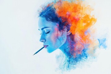 Obraz premium A young woman with a creative spirit, surrounded by a vibrant blend of orange and blue watercolor splashes, evoking inspiration and artistic expression