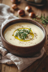 Creamy roasted chestnut soup with thyme in a rustic bowl