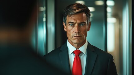 Fototapeta premium Serious Man in Suit with Red Tie Facing Elevator Reflection