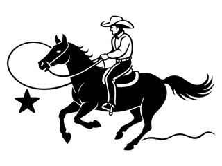 Cowboy silhouette with rope lasso on horse vector illustration isolated on white background for rodeo western design. cowboy with lasso riding a horse. Rodeo vector illustration. 