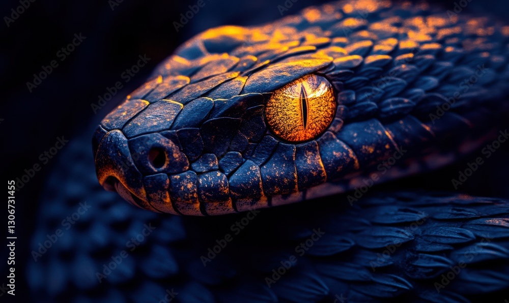 Poster close-up of a snake's eye and scales illuminated by gradient lighting emphasizing texture and intens