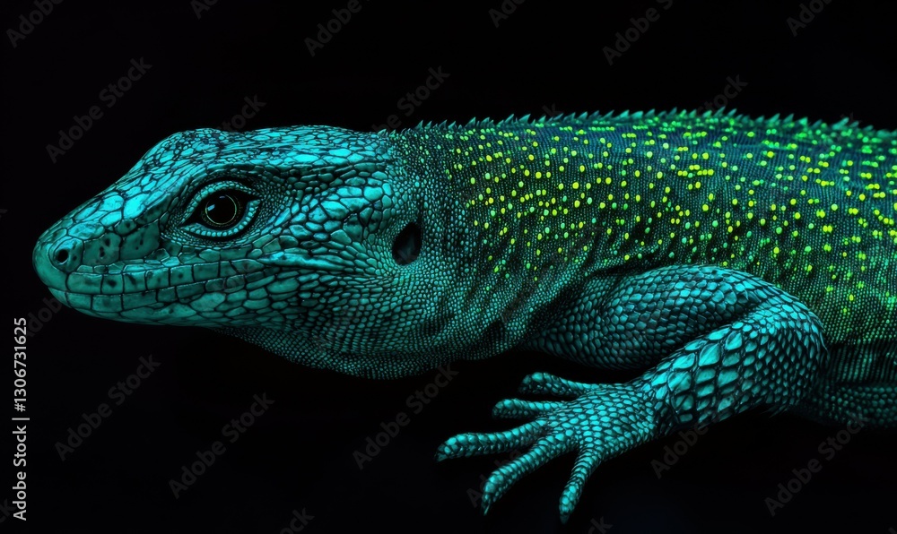 Poster Close-up of a vibrant green lizard illuminated by gradient light showcasing intricate scales and dynamic patterns .