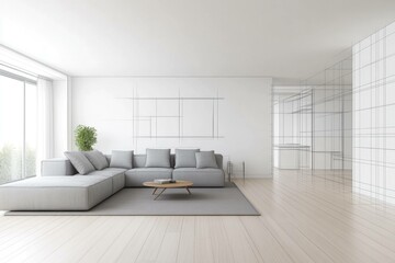 Modern minimalist living room with gray sofa and natural light for a serene atmosphere, perfect for relaxation and home decor inspiration