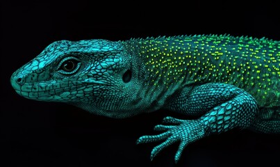 Obraz premium Close-up of a vibrant green lizard illuminated by gradient light showcasing intricate scales and dynamic patterns .