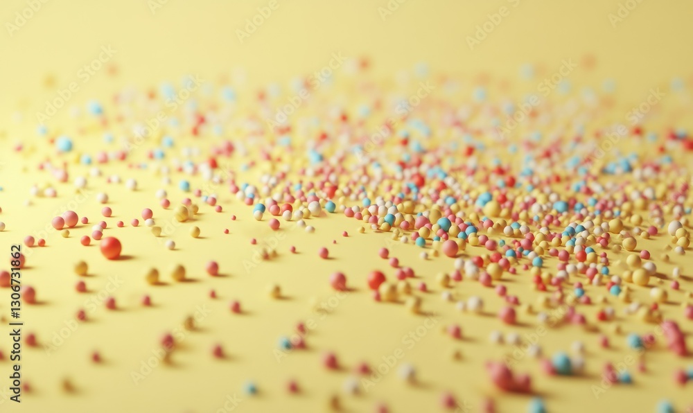Poster close-up of colorful sprinkles scattered on a smooth yellow surface, illuminated by natural light cr