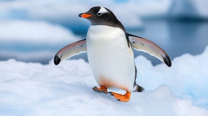 Obraz premium A penguin stretching its flippers while standing on an icy peak.