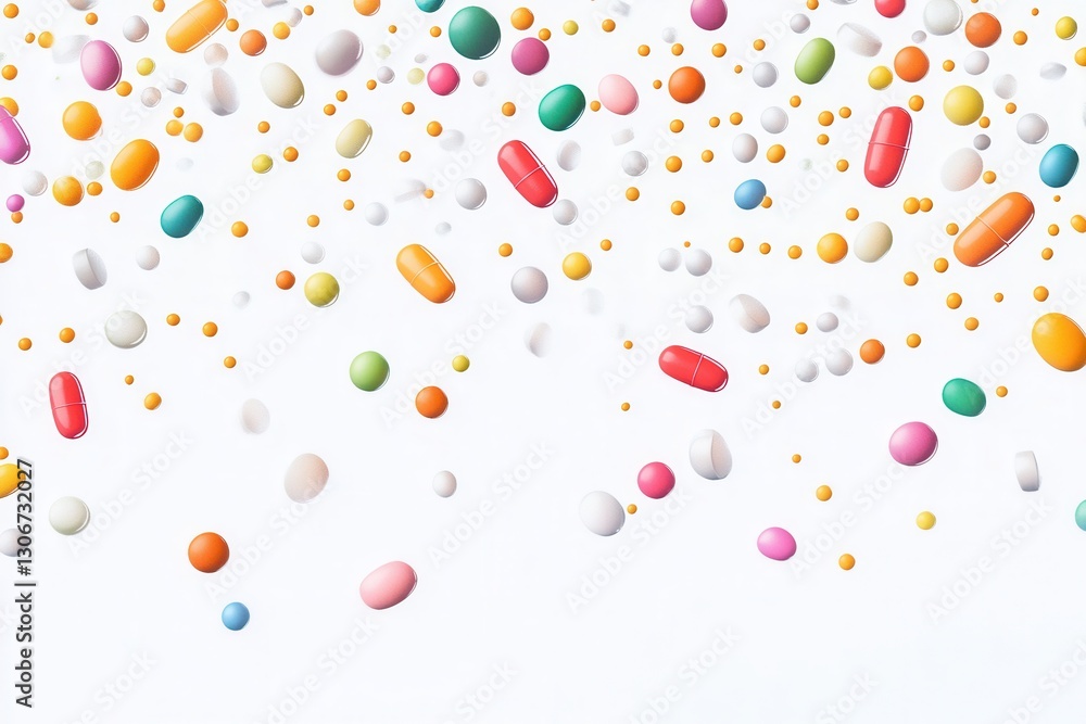 Fototapete Colorful array of capsules scattered against a minimalist white background capturing medical essence with dynamic flair Generative AI