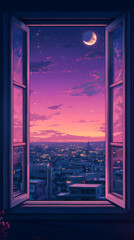 Minimalist lo-fi aesthetic anime window with city view at night
