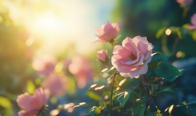 Close-up of delicate pink roses in full bloom illuminated by soft sunlight creating a romantic and elegant floral display perfect for any occasion