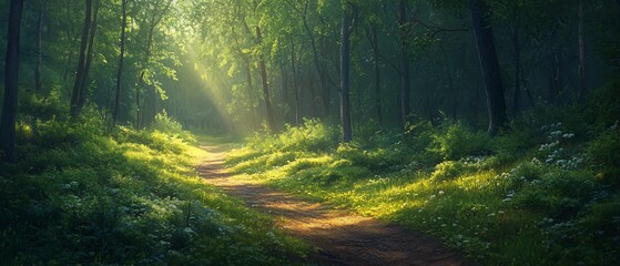Fototapeta premium Sunlit Forest Path, Lush Greenery, Tranquil Scene (1)