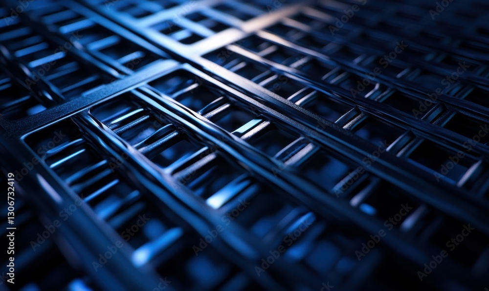 Poster close-up of geometric metallic patterns illuminated by gradient lighting creating a futuristic and s