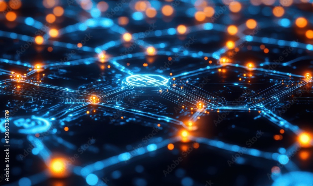 Poster close-up of glowing blue digital circuit patterns symbolizing futuristic technology and innovation .