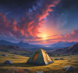 Illustration of camping with tant and wild landcape.