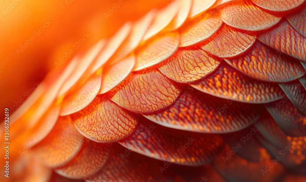 Poster close-up of intricate orange and red scales illuminated by warm natural light creating a detailed an