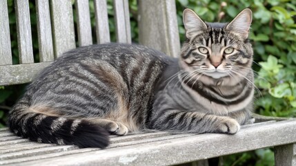 A relaxed tabby cat lying on a wooden bench, tail swishing lazily.