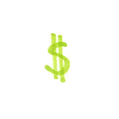 Dollar Symbol, hand-drawn marker glyph with light green color on transparent Background