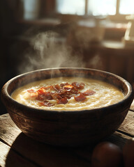 Creamy roasted parsnip soup with crispy pancetta in a rustic bowl