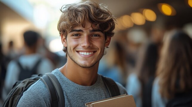 confident young male student standing outside holding notebooks and smiling accompanied by classmates symbolizing education academic aspirations and camaraderie on a university campus
