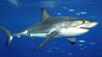 A shark moving in perfect harmony with a school of fish swimming nearby.