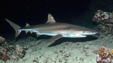 Obraz premium A shark navigating through a deep-sea trench, the darkness surrounding it.