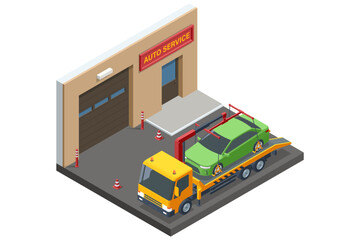 Isometric vector illustration of a small auto service garage with a tow truck lifting a green car, emphasizing vehicle transport and repair in a compact 3D setting.