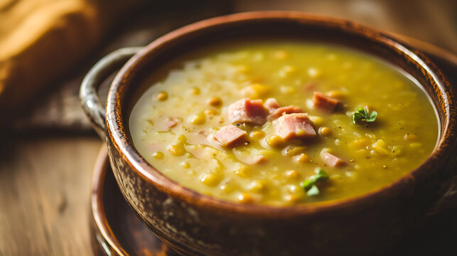 Hearty split pea soup with ham in a vintage bowl