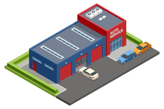 Isometric vector illustration of a modern auto service center with red and blue exterior, multiple garage bays, and cars parked outside, providing a clean automotive repair environment.