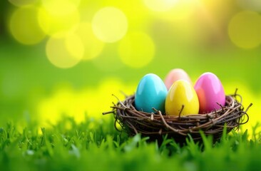 Obraz premium Three painted easter eggs in a birds nest celebrating a Happy Easter on a spring day with a green grass meadow and blurred grass foreground and bright sunlight background with copy space