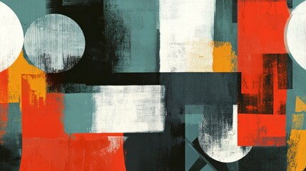 Abstract geometric painting with red, white, and gray shapes.