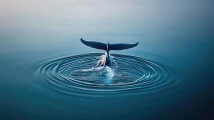 A single whale diving into the depths of the ocean, leaving ripples on the surface.
