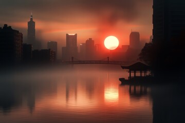 Fototapeta premium A breathtaking sunset casts vibrant colors over a modern city skyline, reflecting the beauty and tranquility of urban life framed by nature's palette.