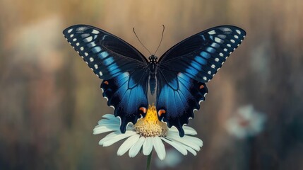 A striking black and blue butterfly perched on a white flower, its contrast stunning.