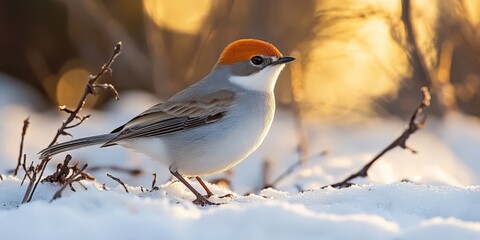 Fototapeta premium Single Bird Walking on Snowy Path with Frosty Landscape in Winter