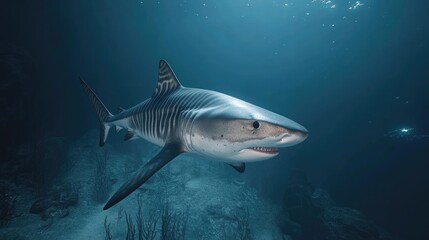 Naklejka premium A tiger shark patrolling the ocean floor, its stripes visible in the clear water.