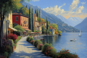 Serene lakeside view with vibrant autumn foliage..