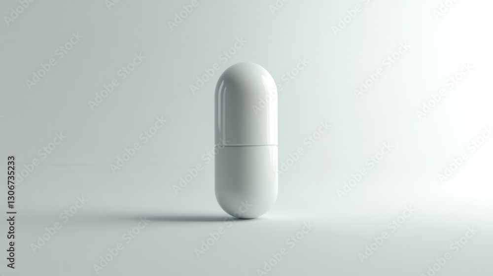 Poster minimalist display of a single white capsule resting on a soft white surface with subtle shadows at 