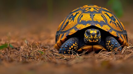 Obraz premium A tortoise peeking out from its shell, showcasing its strong protective armor.