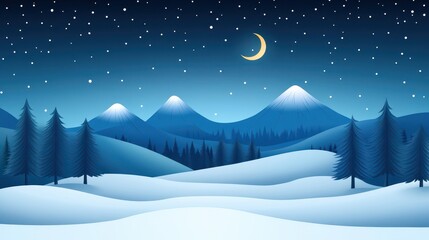 Fototapeta premium Winter Wonderland: A serene illustration depicts a snow-covered landscape under a starlit sky, with gentle hills and mountains in the distance. A crescent moon hangs gracefully.