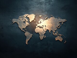 A stylized world map design with a metallic finish, set against a dark textured background, emphasizing geography and global connectivity.