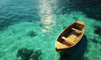 Obraz premium Scenic aerial view of a turquoise ocean with a single wooden boat floating peacefully, illuminated by natural sunlight creating a serene tropical atmosphere