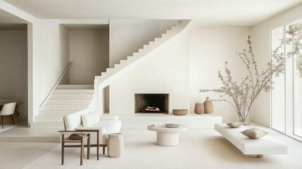 Fototapeta premium Minimalist Modern Living Room Interior Design, Neutral Color Palette