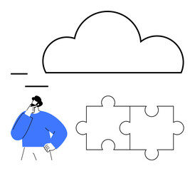 Man pondering next to puzzle pieces and cloud shape, suggesting problem-solving, brainstorming, teamwork, cloud technology, data integration, innovation, and conceptual analysis. Flat simple metaphor