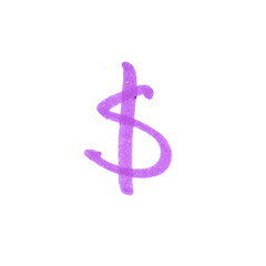 Dollar Symbol, hand-drawn marker glyph with purple color on transparent Background