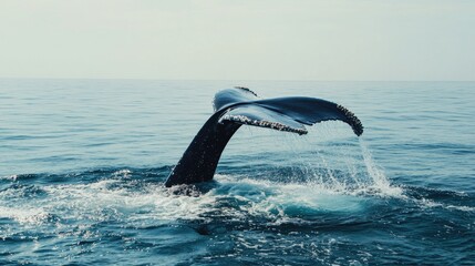 Obraz premium A whale flipping its tail out of the water as it breaches, creating a dramatic splash in the ocean.